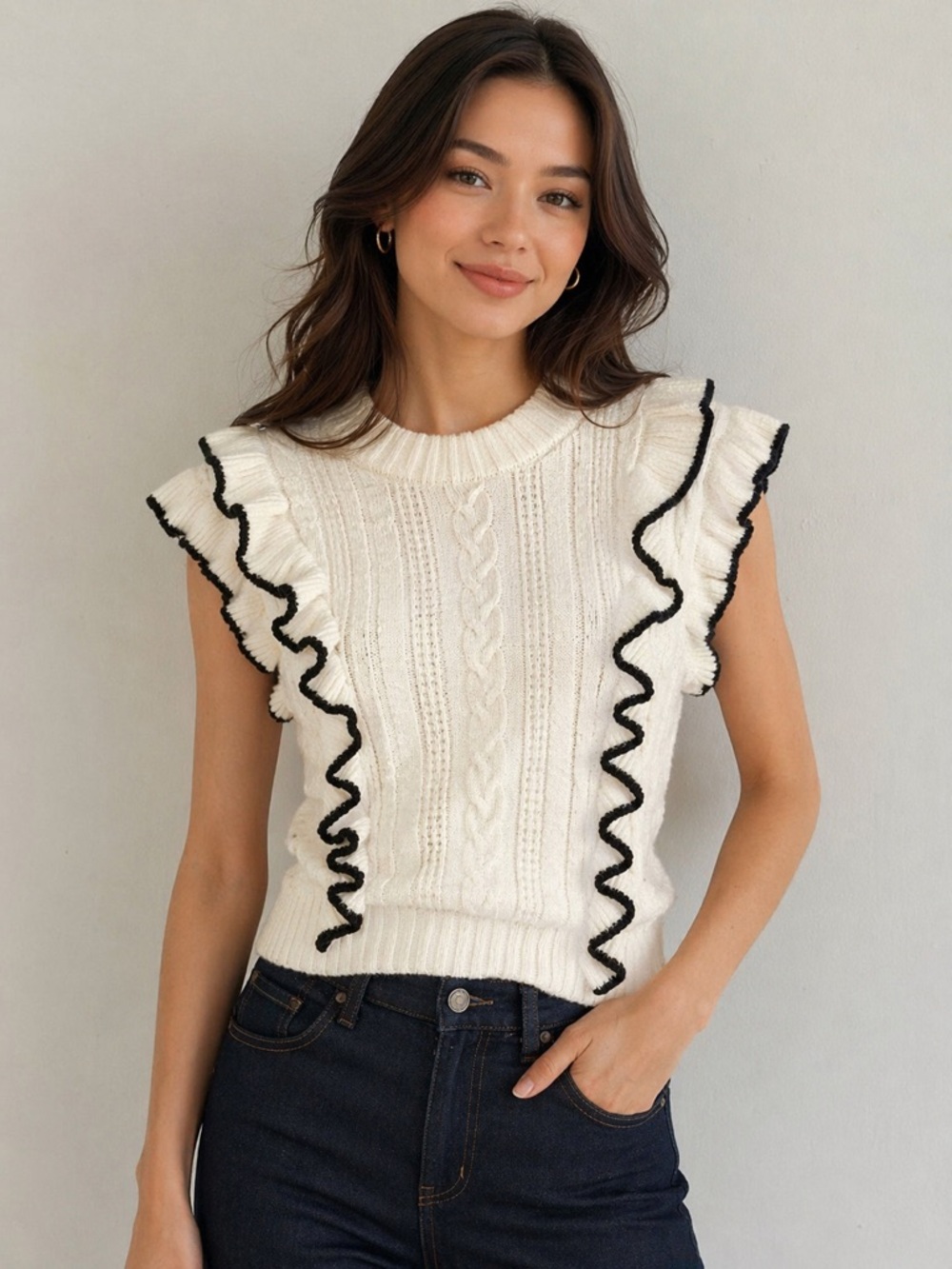 🌷2 for $10 Cream Cable Knit Ruffle Sleeve Sweater - Unbranded
